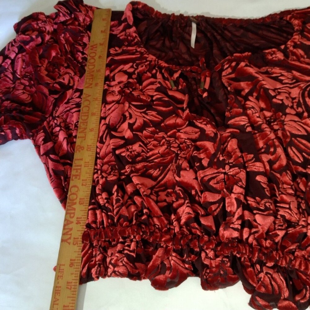 Free People Velveteen Dream Shirt S Red Floral Velour Crop Peasant Ruffle V Neck - Picture 11 of 16